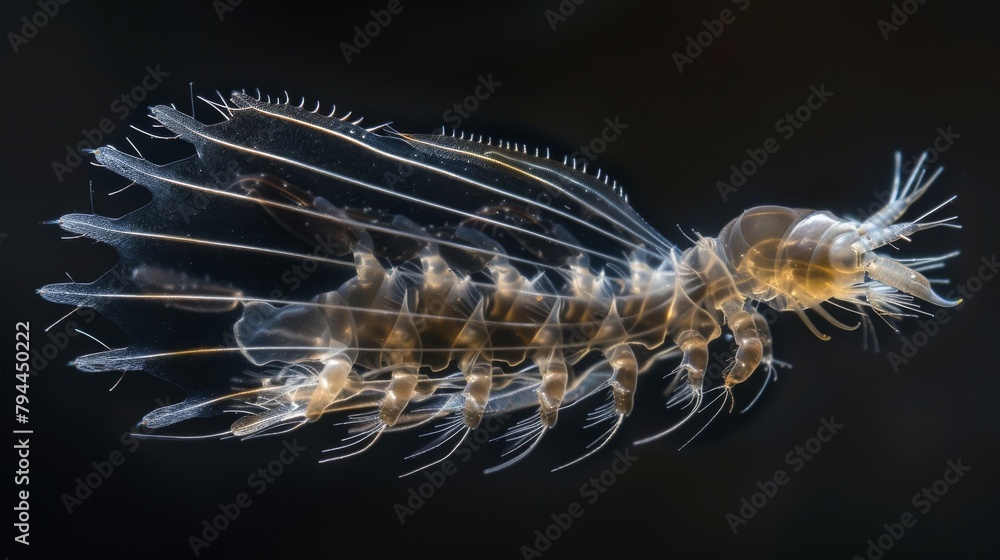 Poster an intricate image of a water flea larva its body adorned with delicate featherlike appendages that 