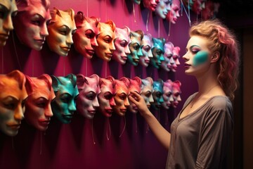 Fake emotion, character roles, intricate interplay of masks, moods, psychological defense mechanisms performed role-playing, concealing false visage for defense, theater Psychology psychoanalysis. 