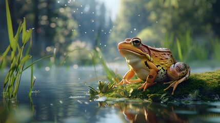 A frog sitting on the bank of lake in the forest 8k hd wallpaper   - Powered by Adobe