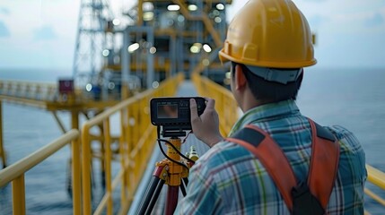 Fototapeta na wymiar An operator recording operation of oil and gas process at oil and rig plant, offshore oil and gas industry, offshore oil and rig in the sea.