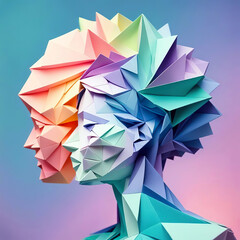 The complexity of a woman, the colored origami of a woman's profile face, and her double