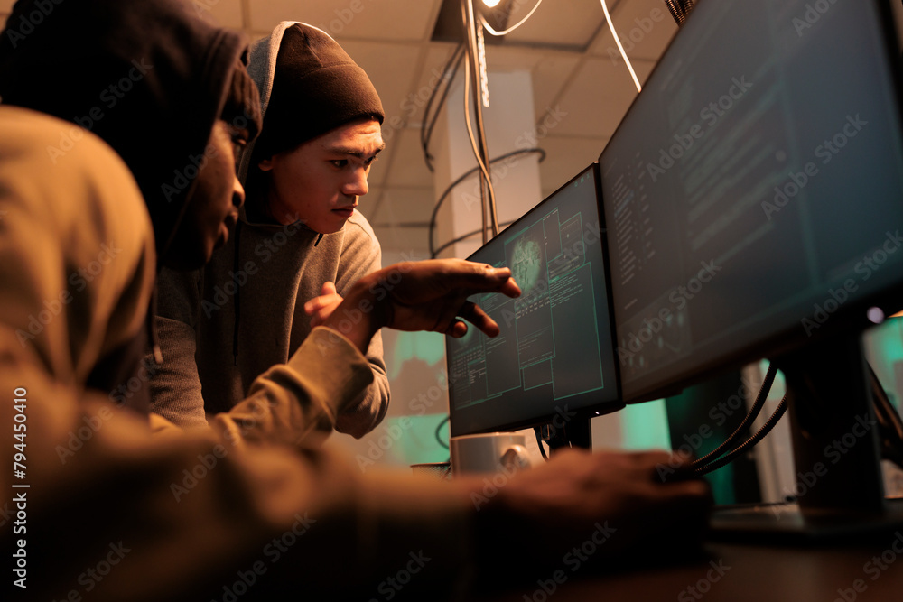 Poster hackers discussing computer system password cracking, coding malware, cybercrime. criminals developi