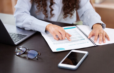 Business, hands and accountant with paperwork at desk for financial report, bookkeeping and reading...