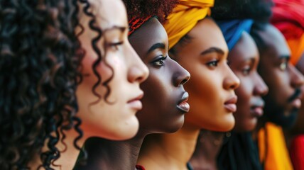 Obraz premium Side profile of diverse group people with colorful headwear