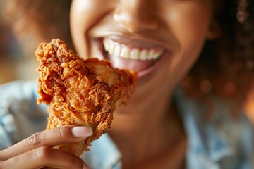 Detailed close-up of a woman biting into a crispy, golden fried chicken drumstick
