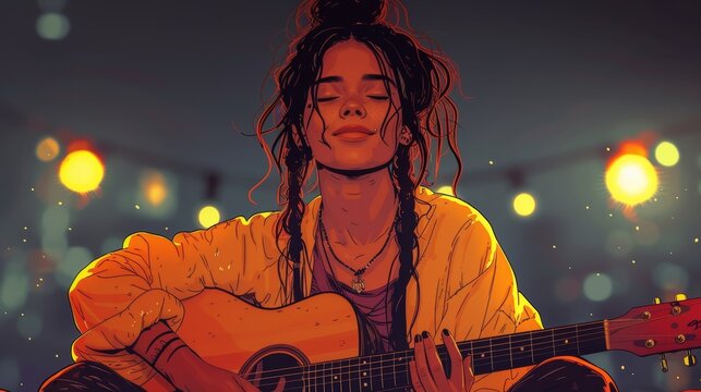 An illustration of a young guitar player playing an acoustic guitar. An illustration of a young guitarist with a musical instrument. A creative and relaxed music player. An illustration of talent.