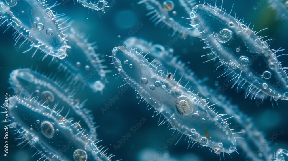 Aufkleber a ciliate colony swimming a small particles and debris filtering and consuming them as they move thr