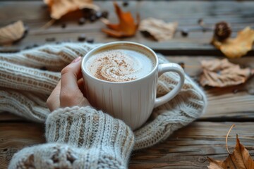 Person in knitted sweater holding a mug of frothy coffee, symbolizing comfort and warmth in autumn