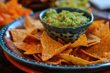 Authentic Mexican guacamole with fresh tortilla chips served in a rustic bowl in a vibrant dining setting