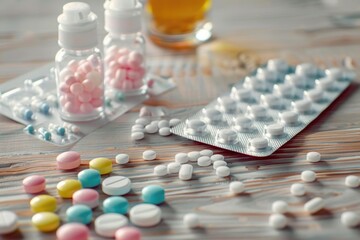 Assorted Pharmaceutical Pills and Capsules on a Wooden Table with Blister Packs in Soft Focus