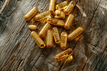 Omega-3 Fish Oil Capsules Spilling Onto Rustic Wooden Surface Surrounded by Greenery