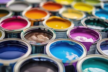 Vibrant array of open paint cans displaying a spectrum of colors for creative projects and home renovation