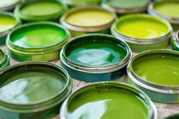 Close-up view of assorted green paint cans showing various shades and tints for artistic and decor use