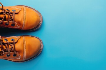 Bright Orange Work Boots on a Solid Blue Background, Industrial Footwear for Safety