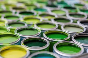 Close-up view of assorted green paint cans showing various shades and tints for artistic and decor use