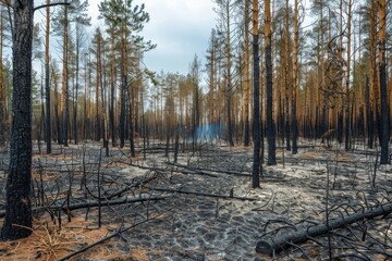 Sunrise Illuminating a Burnt Forest Landscape Highlighting Environmental Concerns and Regrowth