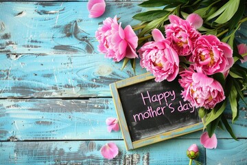 Happy Mother's Day Concept with Pink Peonies and Blackboard on a Rustic Blue Wooden Background