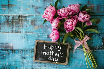 Happy Mother's Day Concept with Pink Peonies and Blackboard on a Rustic Blue Wooden Background