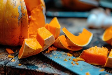 Vibrant Fresh Pumpkin Chunks on a Rustic Wooden Cutting Board with a Sharp Knife