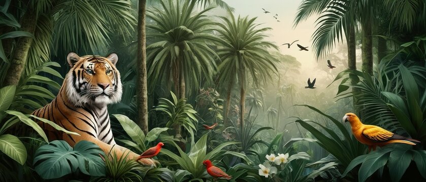 Tropical Floral Background with Palm Trees, Plants, and Wild Animals. Tropical floral background with palm trees, plants, wild animals tiger, bear, birds. Exotic jungle wallpaper