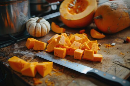 Vibrant Fresh Pumpkin Chunks on a Rustic Wooden Cutting Board with a Sharp Knife