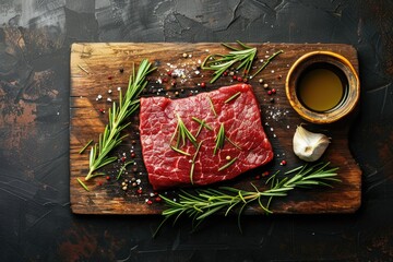 Raw beef steak with fresh rosemary, peppercorns, sea salt, and olive oil on a wooden cutting board