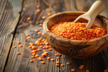 Bowl of uncooked red lentils with a wooden spoon on a rustic dark wood background