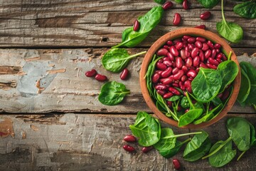 Bowl of fresh red kidney beans alongside vibrant green spinach leaves on a rustic wooden surface