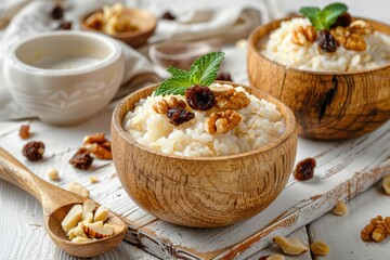 Obraz na płótnie Canvas Rice pudding garnished with nuts and dried fruits served in a handcrafted wooden bowl