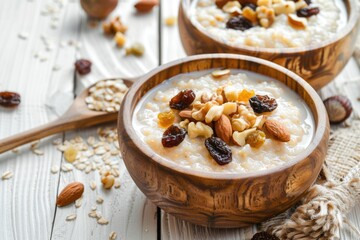 Rice pudding garnished with nuts and dried fruits served in a handcrafted wooden bowl