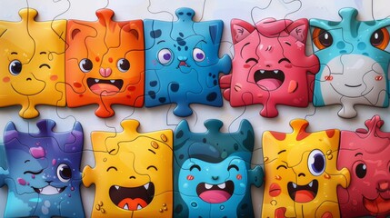 Obraz na płótnie Canvas Cute puzzle characters set. Funny faces on creative jigsaw design pieces. Kids game with emotions, expressions, moods, feeling. Isolated colored flat modern illustrations.