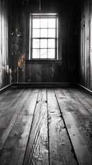 A black and white photo of a wooden floor with an open window, AI