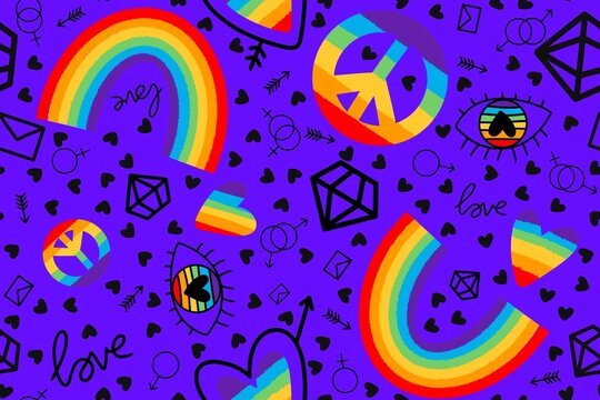 Lgbtq rainbow pride seamless love and eyes and peace sign pattern for wrapping paper and fabrics and linens