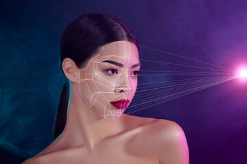 Creative trend collage of chic classy lady girlfriend misty neon nightclub scan face beauty device...