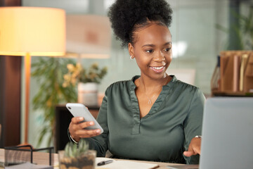 Laptop, phone and smile with business black woman at desk in office for administration or research....