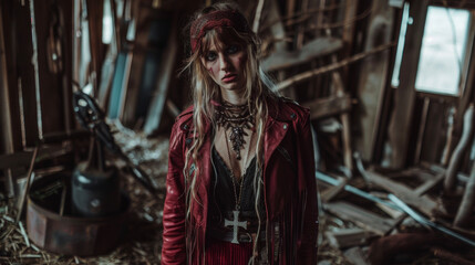 Fototapeta na wymiar In a dilapidated barn the Crimson Cowgirl stands amidst the rusted tools and forgotten remnants of farm life. Her deep red suede skirt and leather fringe jacket paired .
