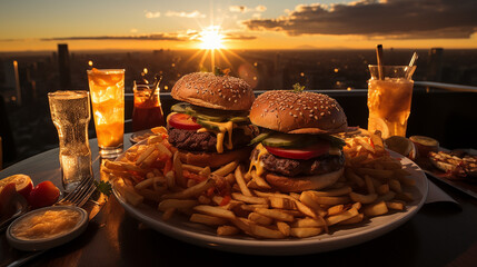 Hamburger sits under the sun, rays spotlighting its succulent meat. Sun rays play across the...