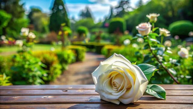 white roses on the table with a white rose garden background
