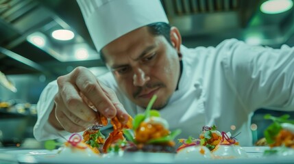 A chef with furrowed brow and focused eyes carefully plating a masterpiece dish with intricate detail showcasing their unwavering passion and dedication to the culinary arts. .
