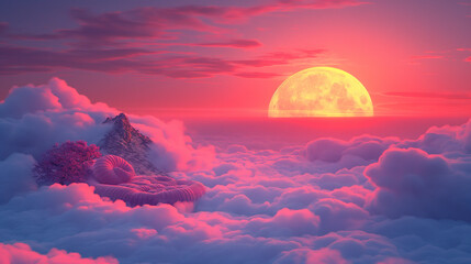 A beautiful pink and orange sky with a large moon