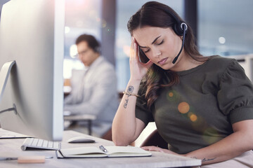 Woman, headache and burnout with call center, crm and anxiety for 404 mistake or glitch. Customer...