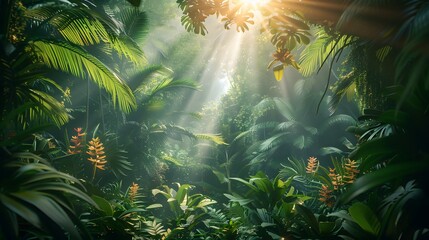 A lush tropical rainforest canopy, with sunlight streaming through the dense foliage, illuminating vibrant flora below hd 8k wallpaper  