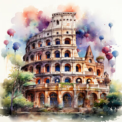 Watercolor colosseum, clipart Illustration, Generative Ai