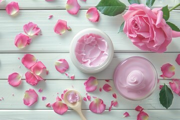 Top view of organic skincare cream with vibrant pink rose petals and open jar on marble