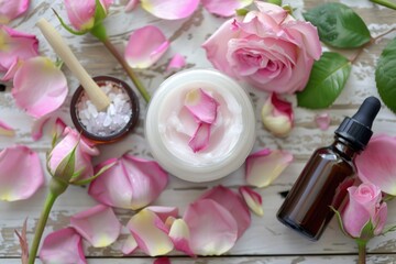 Top view of organic skincare cream with vibrant pink rose petals and open jar on marble