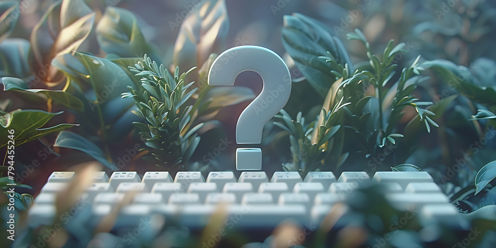 Aufkleber 3d illustration of computer keyboard with question mark on top and green leaves around