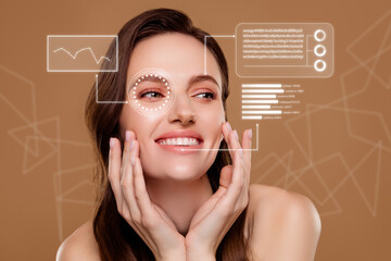 Creative holographic collage of woman using ai testing skin look hologram data