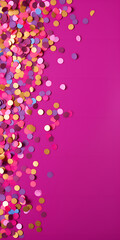 Banner with pink background and confetti of various colors, vertical