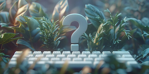 3D illustration of computer keyboard with question mark on top and green leaves around