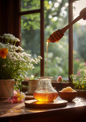 A cozy home with golden honey dripping from a honey spoon into a glass jar, with a backdrop of a blooming garden through the window. Vertical - 794455262